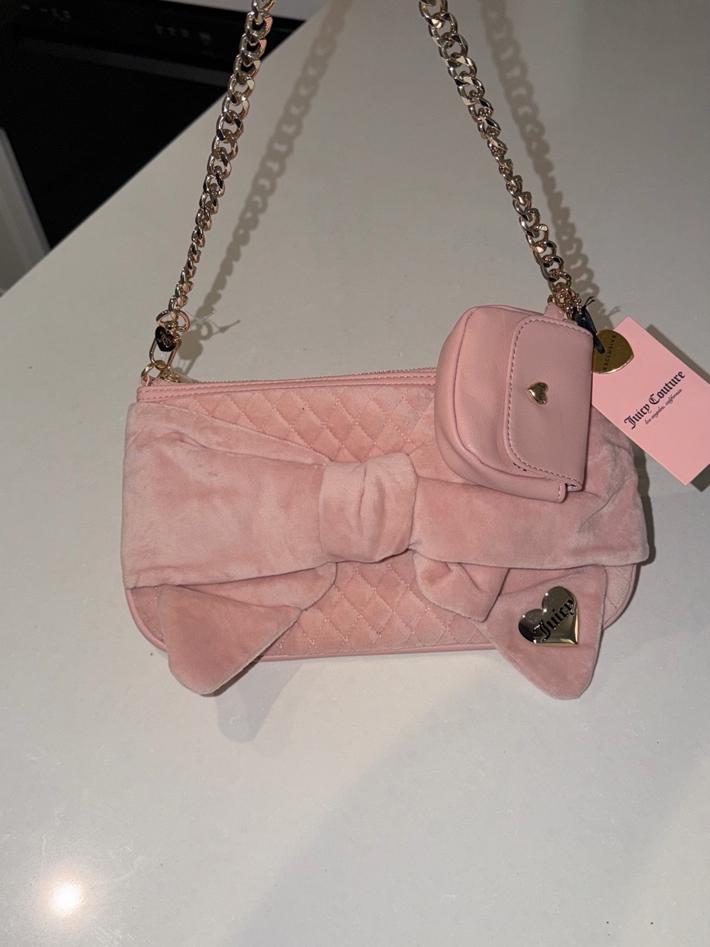 Juicy Couture Soft Pink Quilted Bow Shoulder Bag with Chain Strap
